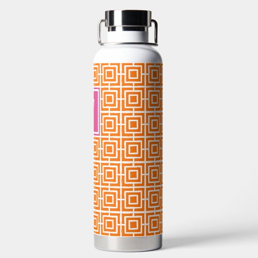 Preppy Square Lattice Monogram Orange & Hot Pink Waterfles (Achterkant)