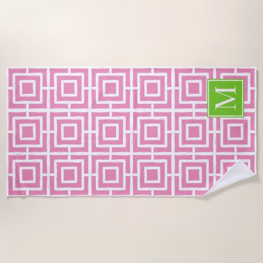 Preppy Square Lattice Monogram – Pink & Lime Strandlaken (Voorkant)