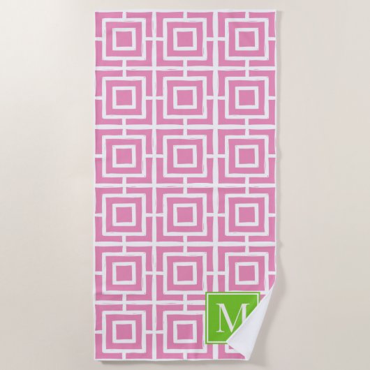 Preppy Square Lattice Monogram – Pink & Lime Strandlaken (Voorkant)