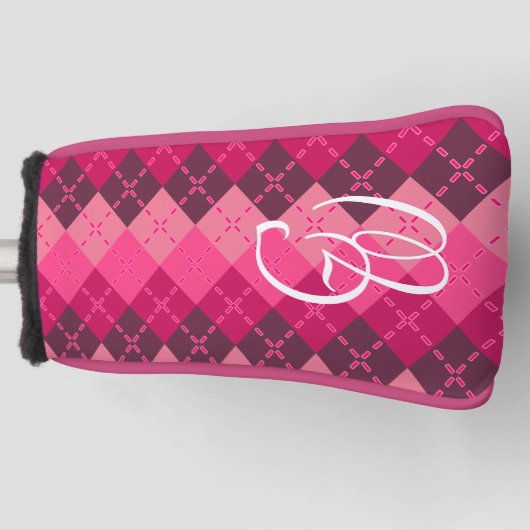 Preppy Stijlvolle Monogrammed Roze Argyle Golfheadcover (Voorkant)