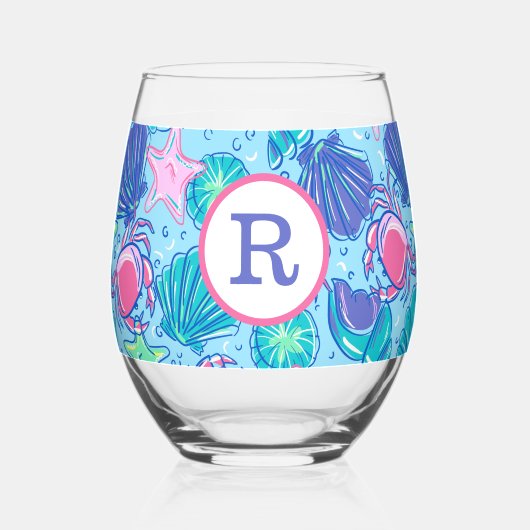 Preppy Strand Roze Krabben Schelpen Monogram Wijnglas Zonder Voet (Voorkant)