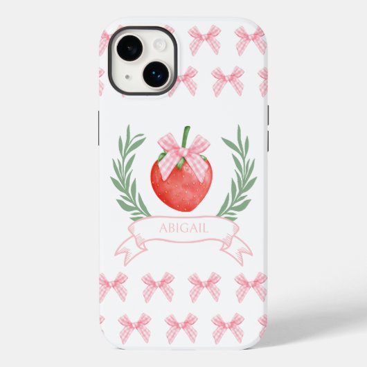 Preppy Strawberry Pink Gingham Bows gepersonalisee Case-Mate iPhone Case (Achterkant)