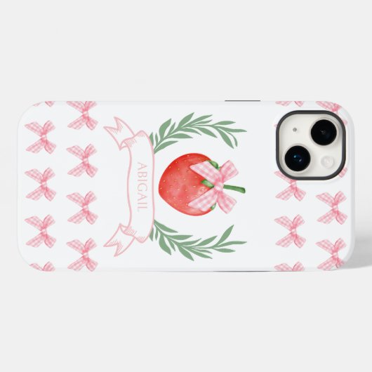 Preppy Strawberry Pink Gingham Bows gepersonalisee Case-Mate iPhone Case (Achterkant (horizontaal))
