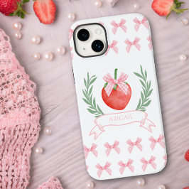 Preppy Strawberry Pink Gingham Bows gepersonalisee Case-Mate iPhone 14 Plus Hoesje