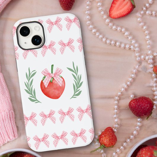 Preppy Strawberry Pink Gingham Bows Laurel Krans Case-Mate iPhone Case