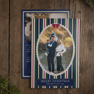 Preppy Strepen Burgundy Strik Foto Prettig Kerstfe Feestdagenkaart