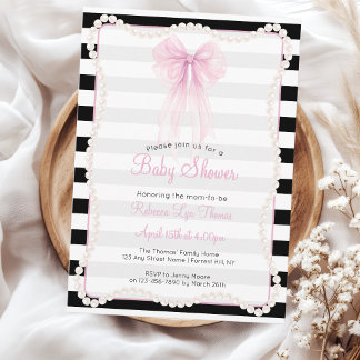 Preppy Strepen Roze Strik Parels Baby Shower Kaart