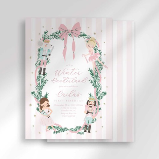 Preppy Stripe Bow Nutcracker Ballet First Birthday Kaart