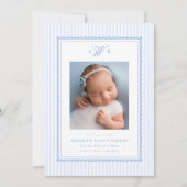 Preppy Stripe Monogram Photo Birth Announcement Aankondiging (Voorkant)
