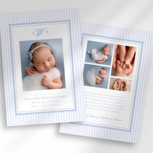 Preppy Stripe Monogram Photo Birth Announcement Aankondiging
