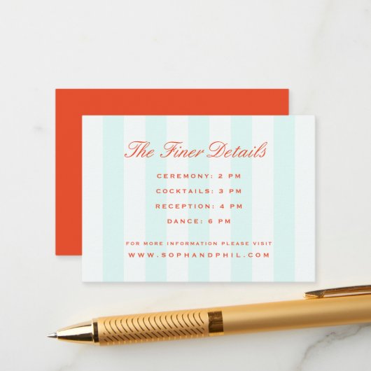  Preppy Stripes Blauwgroen Oranje bruiloft Informatiekaartje (Voorkant / Achterkant in situ)