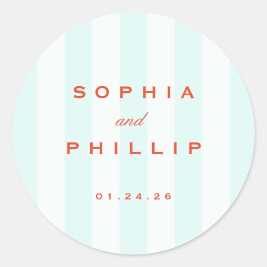  Preppy Stripes Blauwgroen Oranje bruiloft Ronde Sticker (Voorkant)