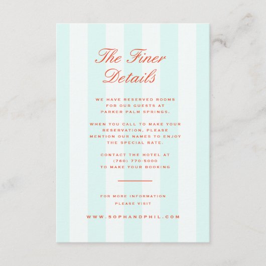  Preppy Stripes Blauwgroen Sinaasappel Wedding Det Informatiekaartje (Voorkant)