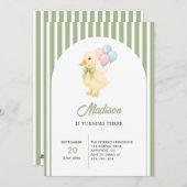 Preppy Stripes Cute Duck Theme Kids Birthday Party Kaart (Voorkant / Achterkant)