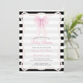 Preppy Stripes Pink Bow Pearls Baby Shower Kaart (Staand voorkant)