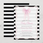 Preppy Stripes Pink Bow Pearls Baby Shower Kaart (Voorkant / Achterkant)