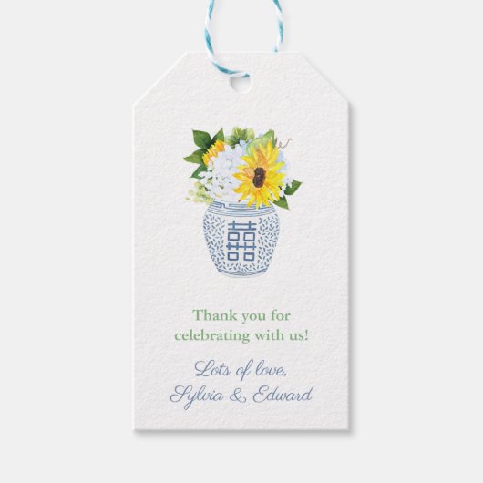 Preppy Sunflower Blue & White Vase Baby shower Cadeaulabel (Voorkant)