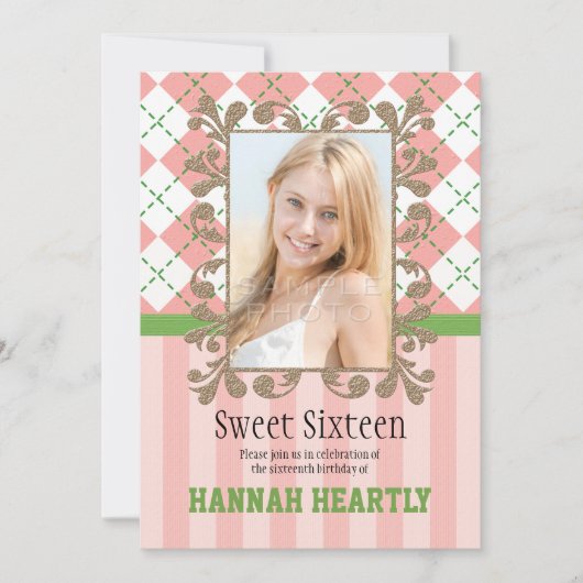 Preppy Sweet 16 Invitations Pink and Green Kaart (Voorkant)