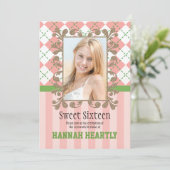 Preppy Sweet 16 Invitations Pink and Green Kaart (Staand voorkant)