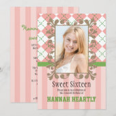 Preppy Sweet 16 Invitations Pink and Green Kaart (Voorkant / Achterkant)