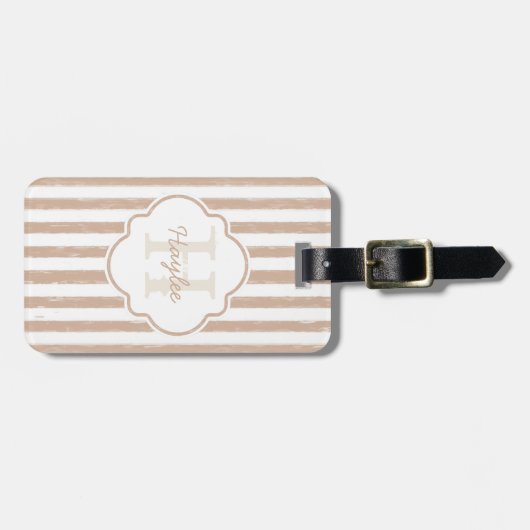 Preppy Tan Painted Stripes Monogram en naam Bagagelabel (Voorkant horizontaal)