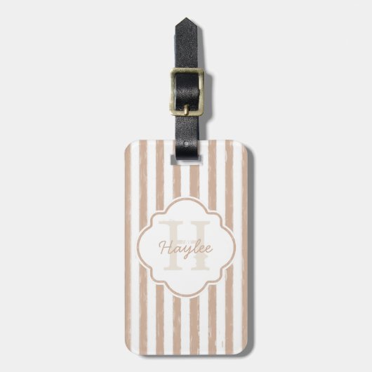 Preppy Tan Painted Stripes Monogram en naam Bagagelabel (Voorkant verticaal)