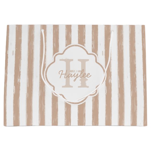 Preppy Tan Painted Stripes Monogram en naam Large Cadeautasje (Voorkant)