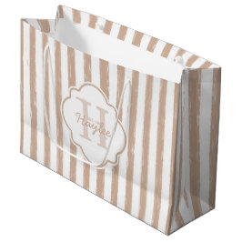 Preppy Tan Painted Stripes Monogram en naam Large Cadeautasje