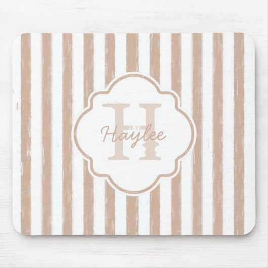 Preppy Tan Painted Stripes Monogram en naam Muismat (Voorkant)