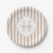 Preppy Tan Painted Stripes Monogram en naam Papieren Bordje (Voorkant)