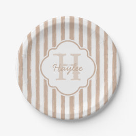 Preppy Tan Painted Stripes Monogram en naam Papieren Bordje