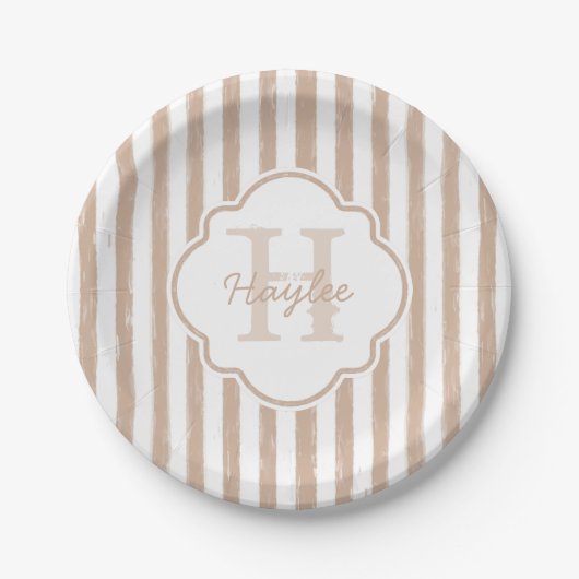Preppy Tan Painted Stripes Monogram en naam Papieren Bordje (Voorkant)