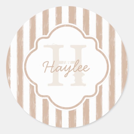 Preppy Tan Painted Stripes Monogram en naam Ronde Sticker (Voorkant)