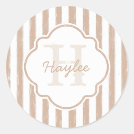 Preppy Tan Painted Stripes Monogram en naam Ronde Sticker
