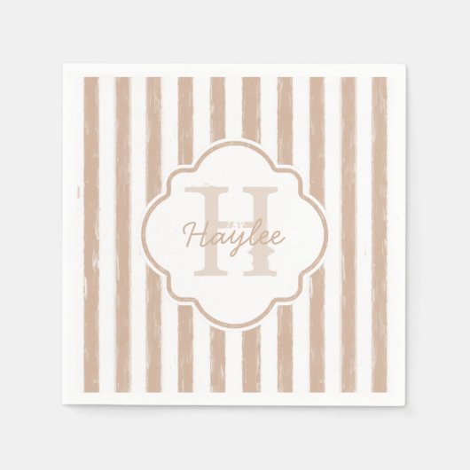 Preppy Tan Painted Stripes Monogram en naam Servetten (Voorkant)