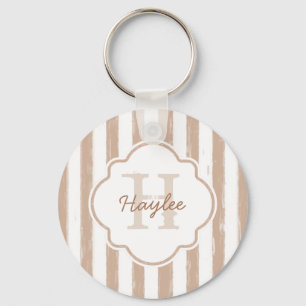 Preppy Tan Painted Stripes Monogram en naam Sleutelhanger