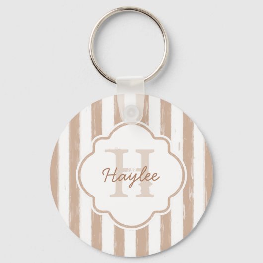 Preppy Tan Painted Stripes Monogram en naam Sleutelhanger (Voorkant)