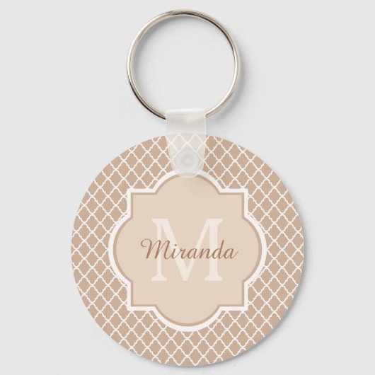 Preppy Tan Quatrefoil Mongogram met naam Sleutelhanger (Voorkant)
