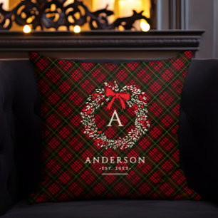 Preppy Tartan Kerstkrans Monogram & Naam Kussen