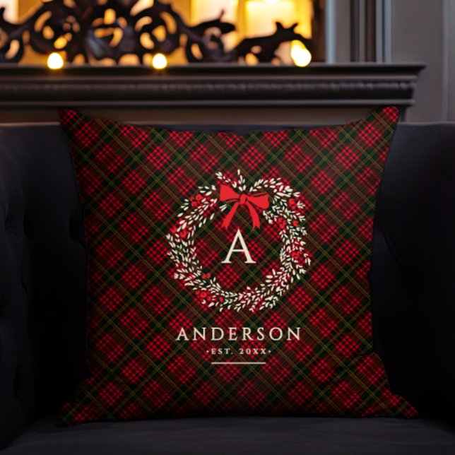 Preppy Tartan Kerstkrans Monogram & Naam Kussen (Creator heeft geüpload)