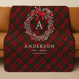 Preppy Tartan Kerstkrans Monogram & Naam Sherpa Deken