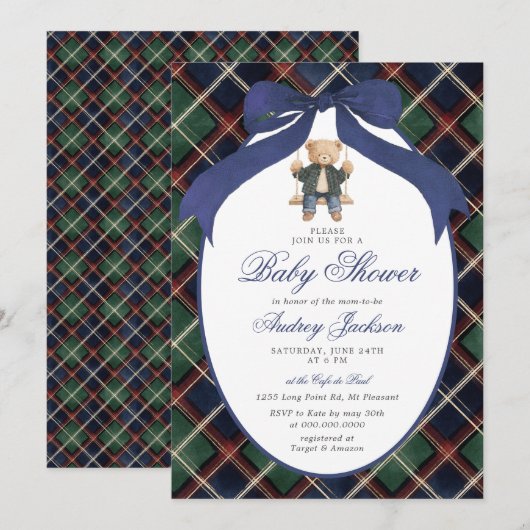 Preppy Tartan Plaid Ralph Polo Bear Baby Shower Kaart (Voorkant / Achterkant)