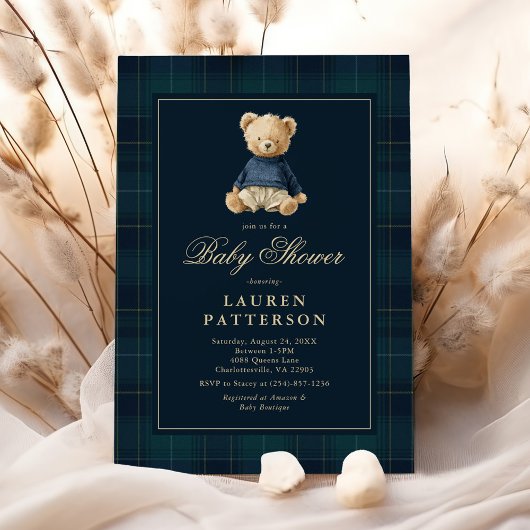 Preppy Tartan Polo Bear Baby Shower Kaart