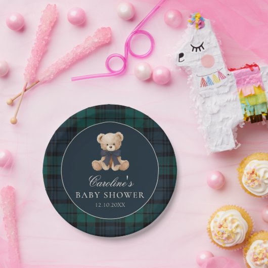 Preppy Teddy Bear Baby Shower Paper Plates Papieren Bordje (Feest)