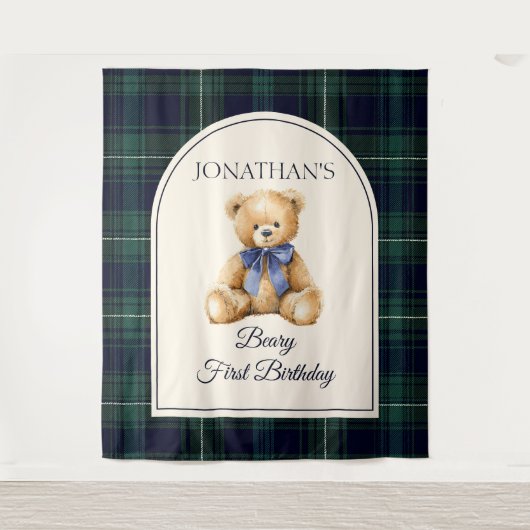 Preppy Teddy Bear Birthday Photo Backdrop Wandkleed (Voorkant)