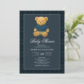 Preppy Teddy Bear Blauw Baby shower Kaart (Staand voorkant)