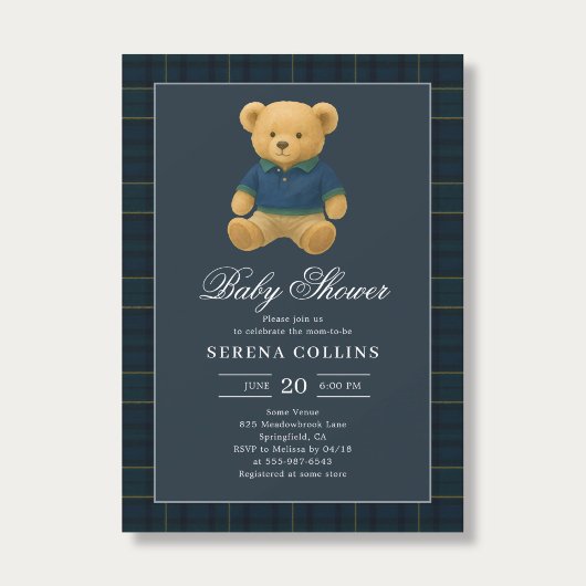 Preppy Teddy Bear Blauw Baby shower Kaart