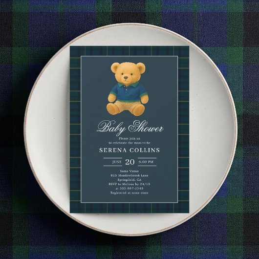 Preppy Teddy Bear Blauw Baby shower Kaart