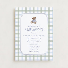 Preppy Teddy Bear Blue and Sage Plaid Baby Shower  Kaart