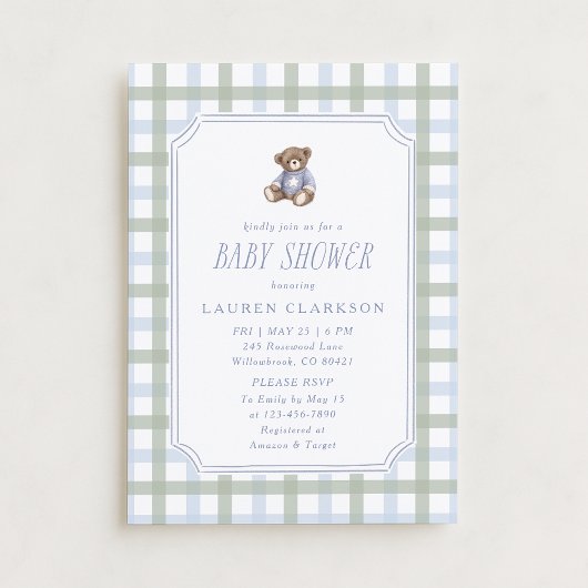 Preppy Teddy Bear Blue and Sage Plaid Baby Shower  Kaart